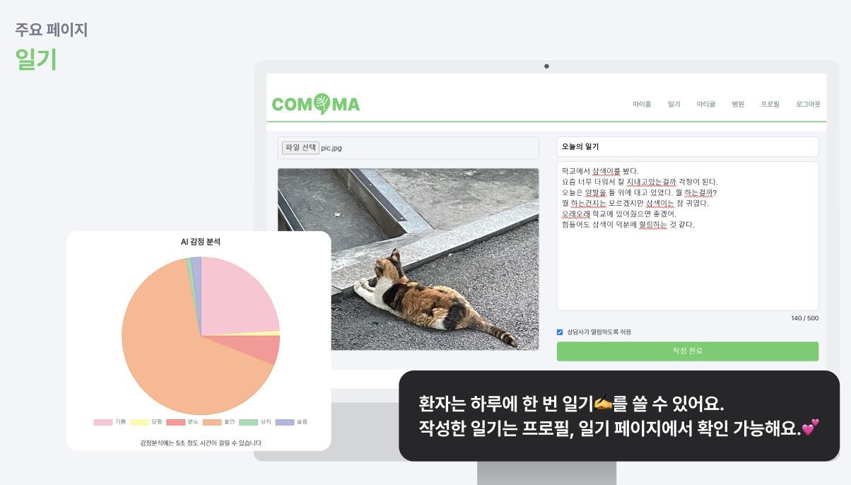 Comma의 일기와 감정 분석 서비스 화면
